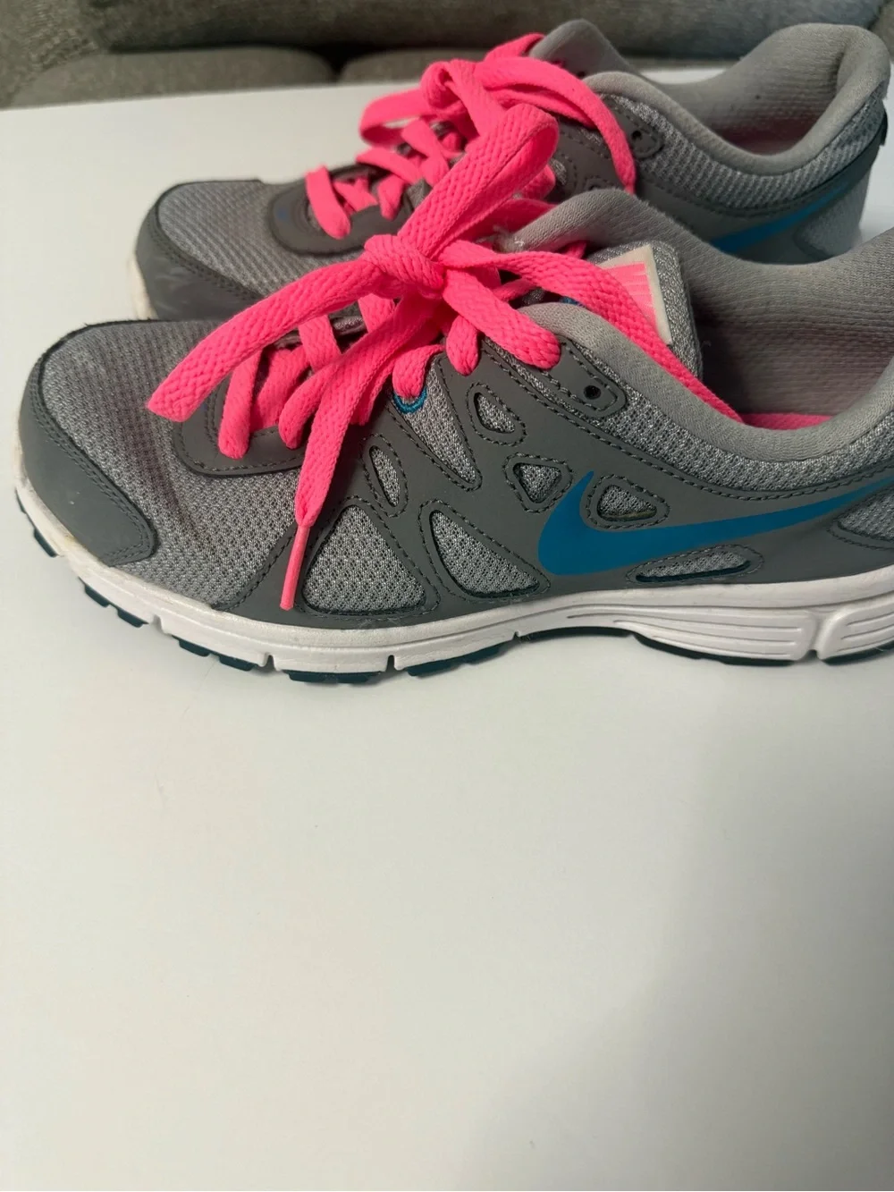 Nike Revolution Gray and Hot Pink Athletic Shoes with Teal Swoosh